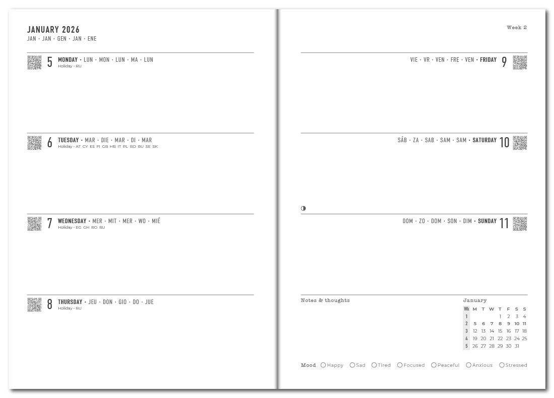 Serene A5 Week to View Diary - Multilanguage